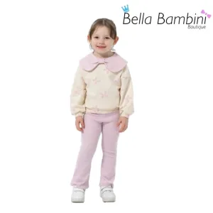 Lilac Bow Print Top With Flared Legging Set 4Y-7Y