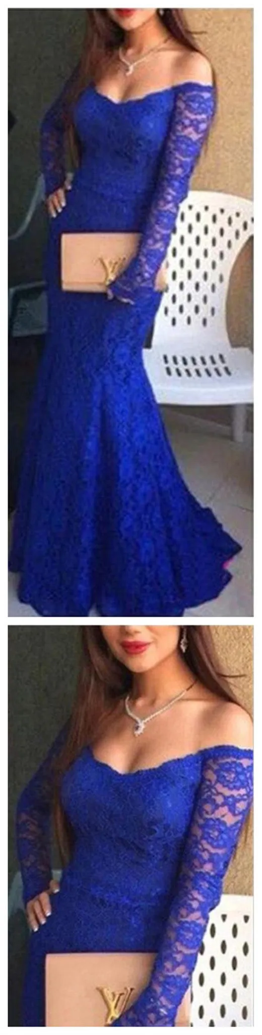Long Royal Blue Sexy Long Sleeve Lace Prom Dresses, BG51184