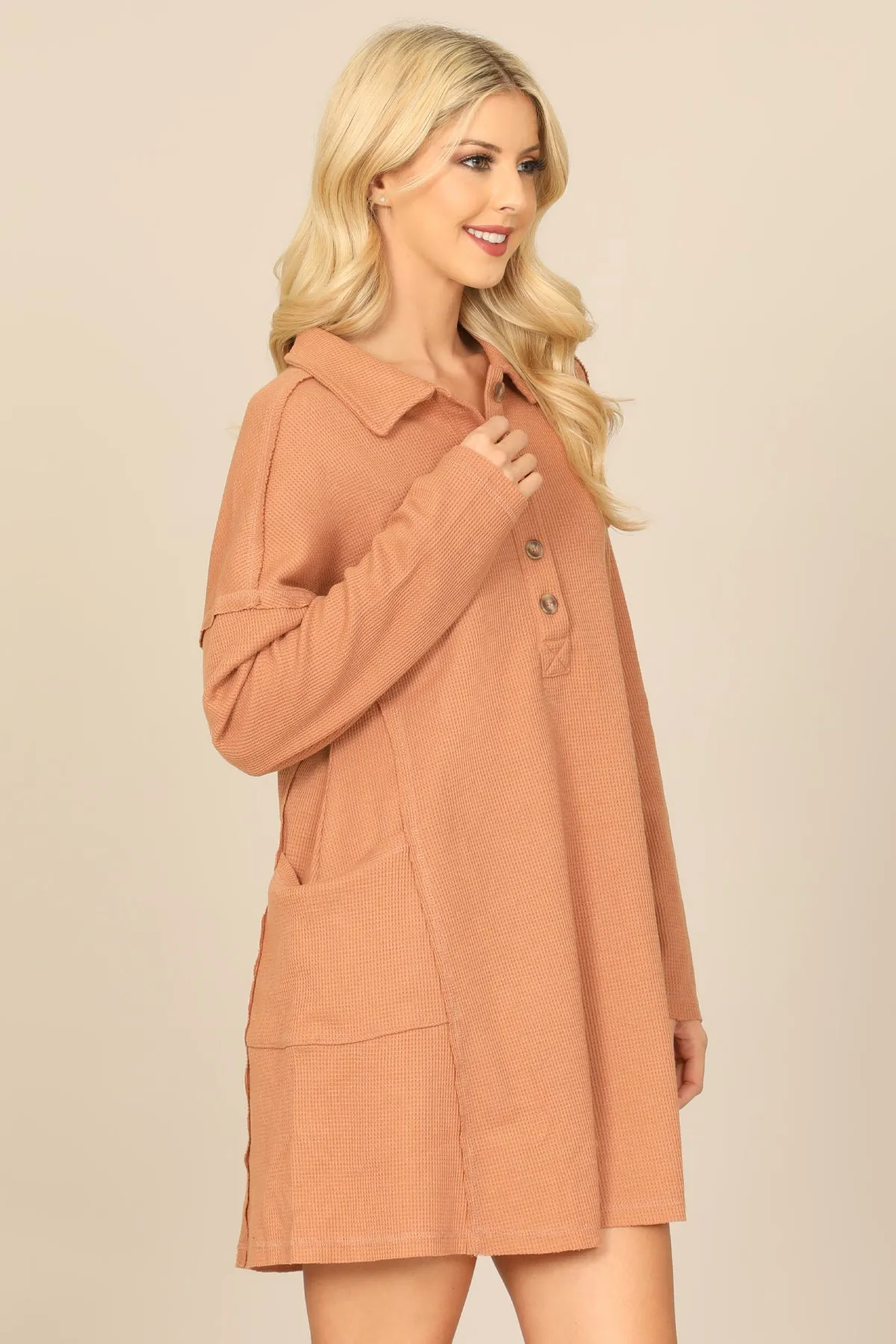 LONG SLEEVE COLLARED BUTTON DETAIL TEXTURED MINI DRESS