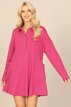 LONG SLEEVE COLLARED BUTTON DETAIL TEXTURED MINI DRESS