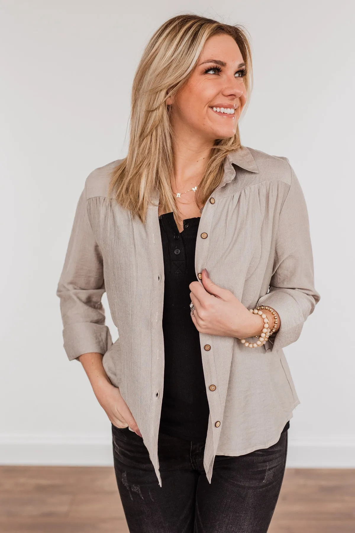 Majestic Moments Button Top- Taupe