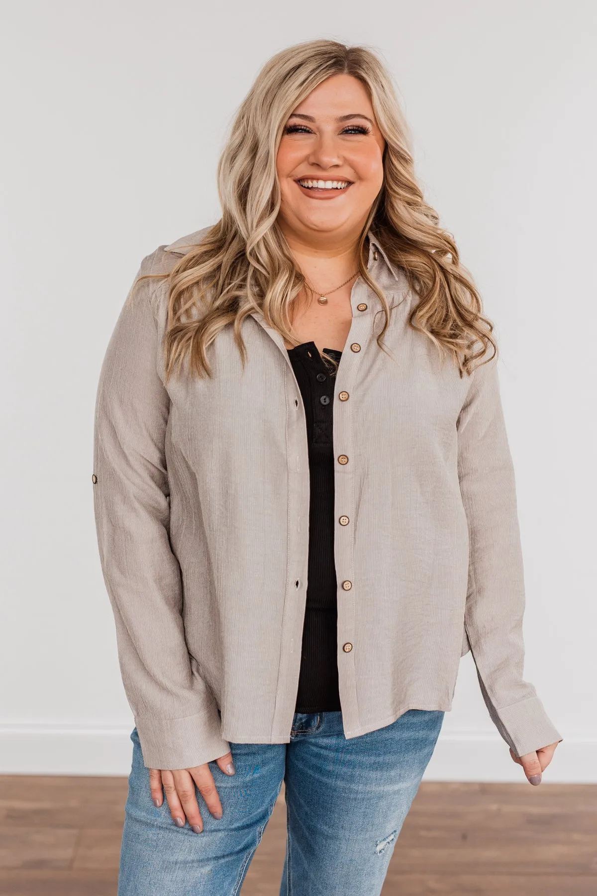 Majestic Moments Button Top- Taupe