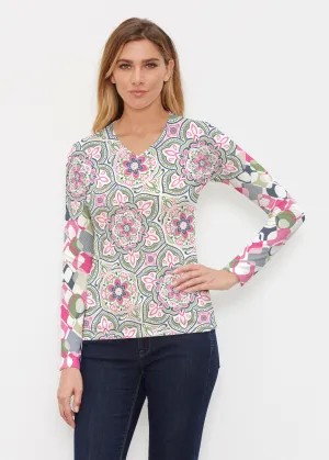 Mandala Geo Blue  (13503) ~ Butterknit Long Sleeve V-Neck Top