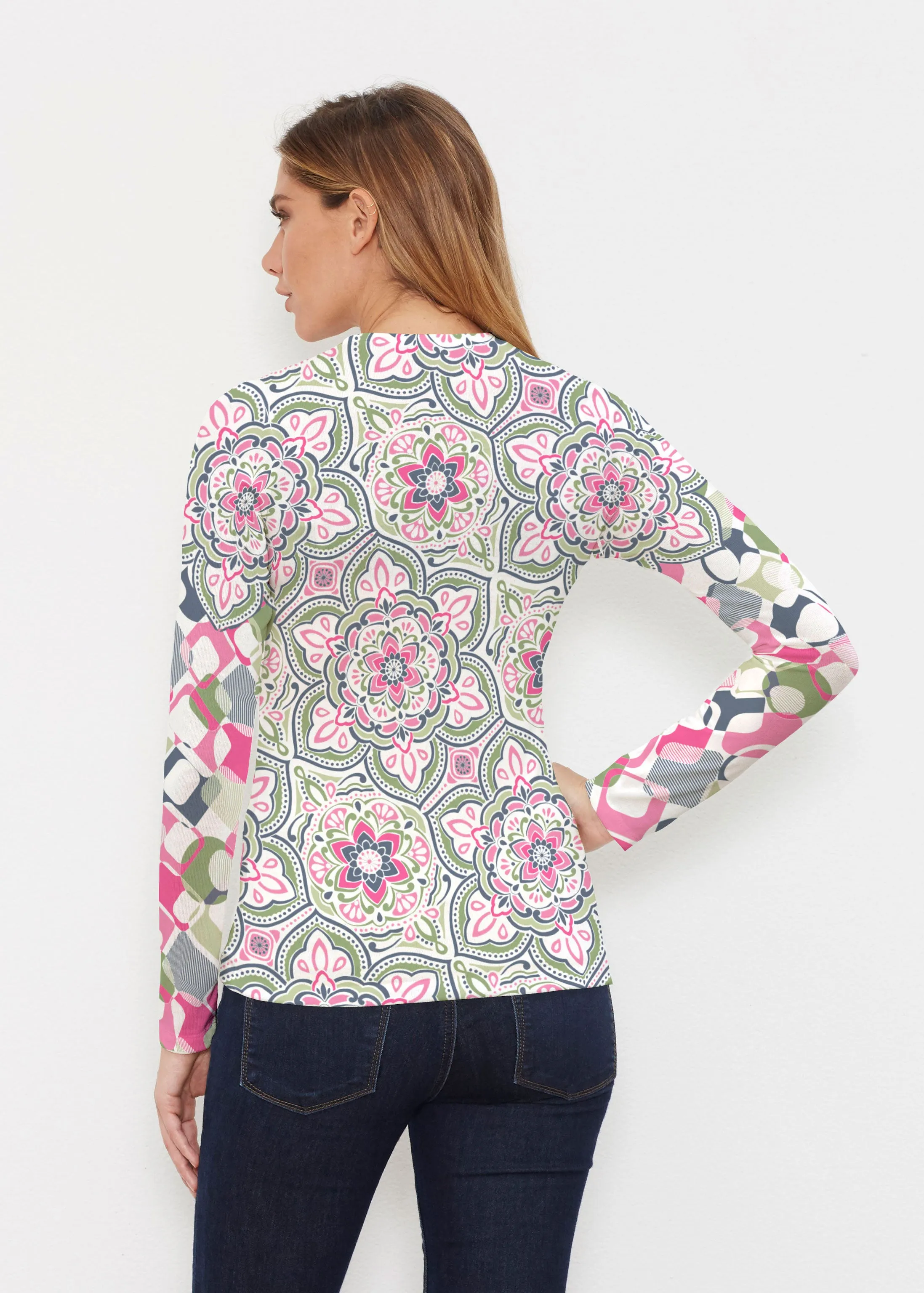 Mandala Geo Blue  (13503) ~ Butterknit Long Sleeve V-Neck Top