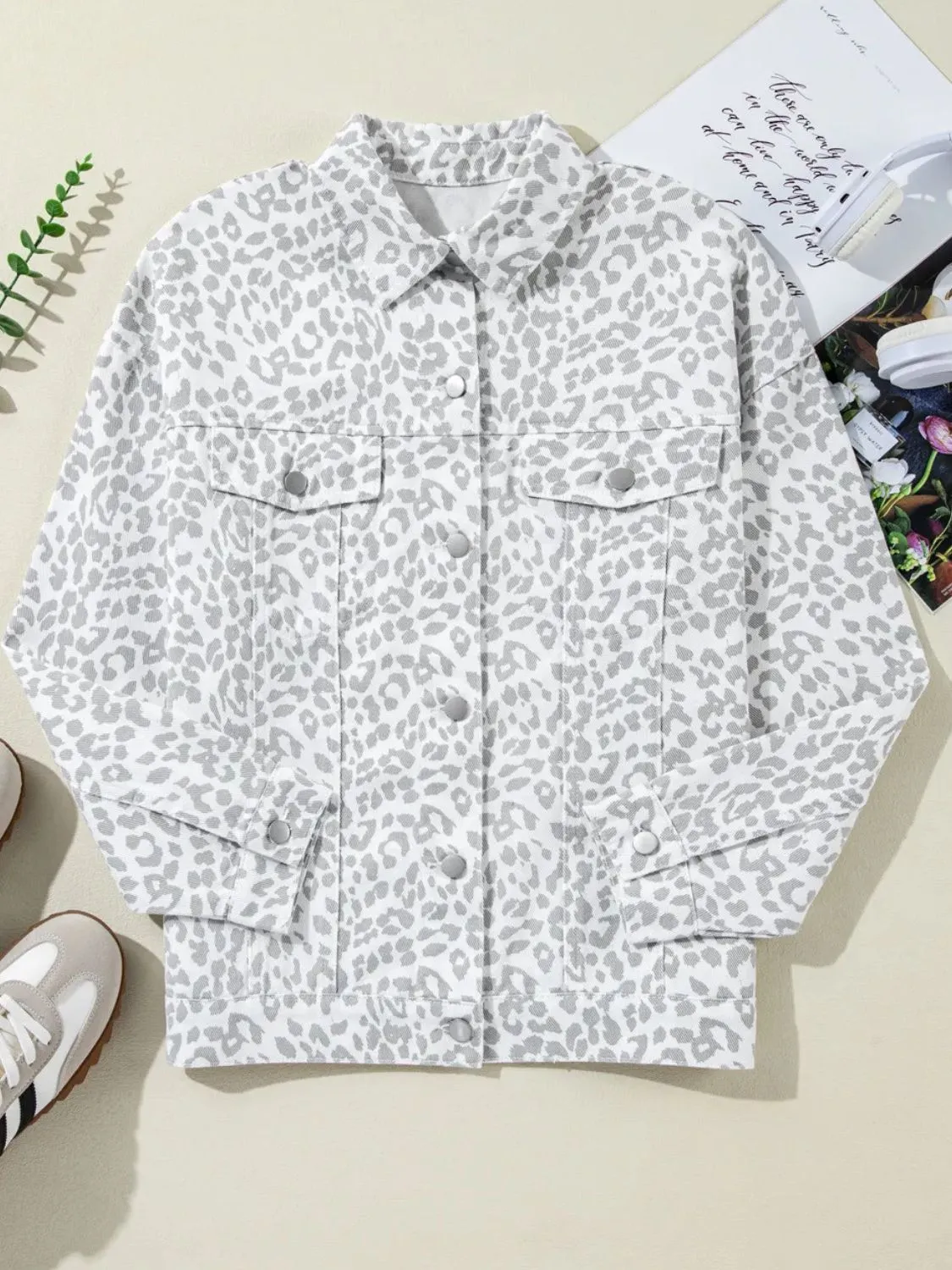 Marie Leopard Button Up Long Sleeve Denim Jacket