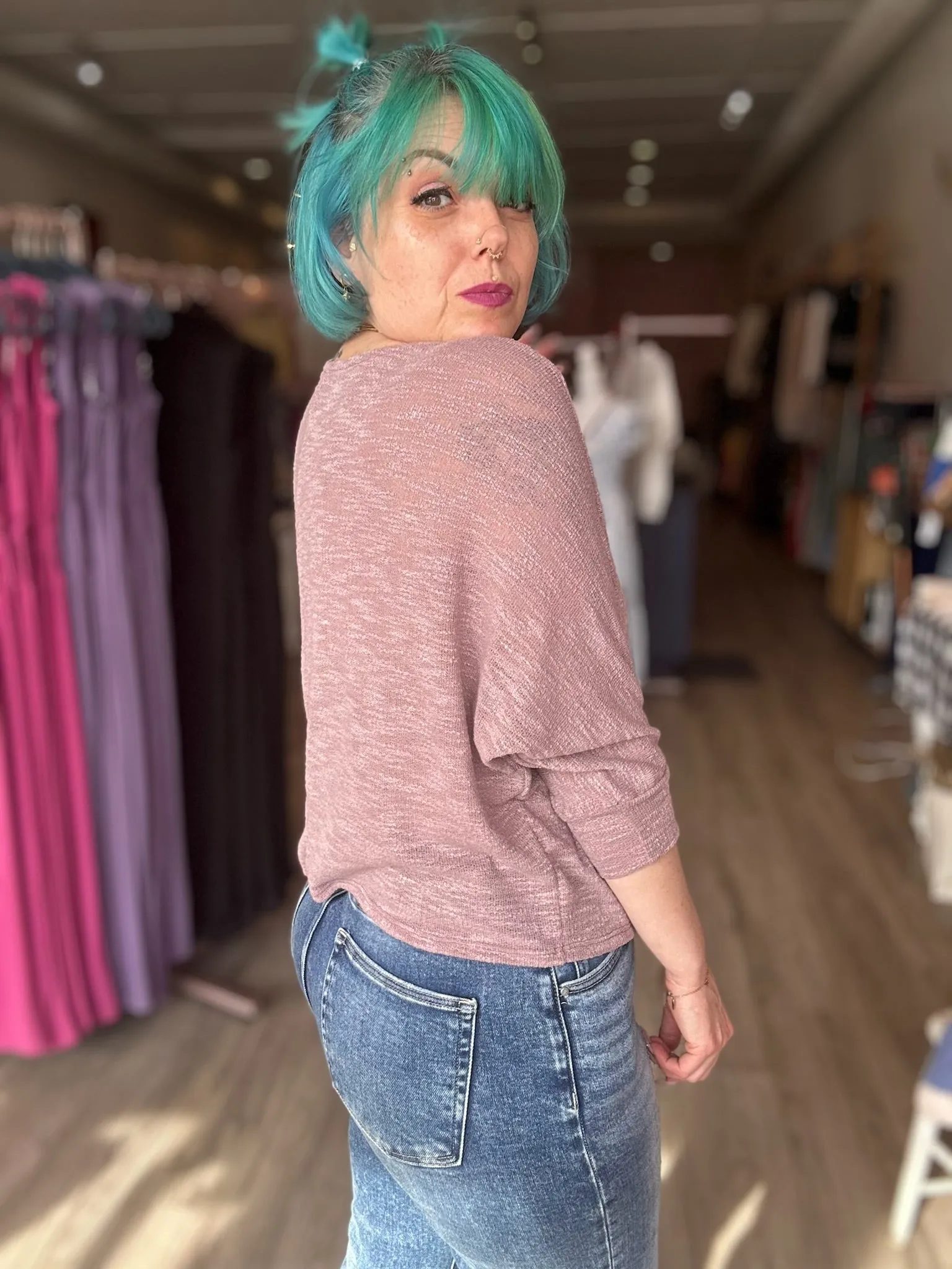 Mauve Boat Neck Long Sleeve Top