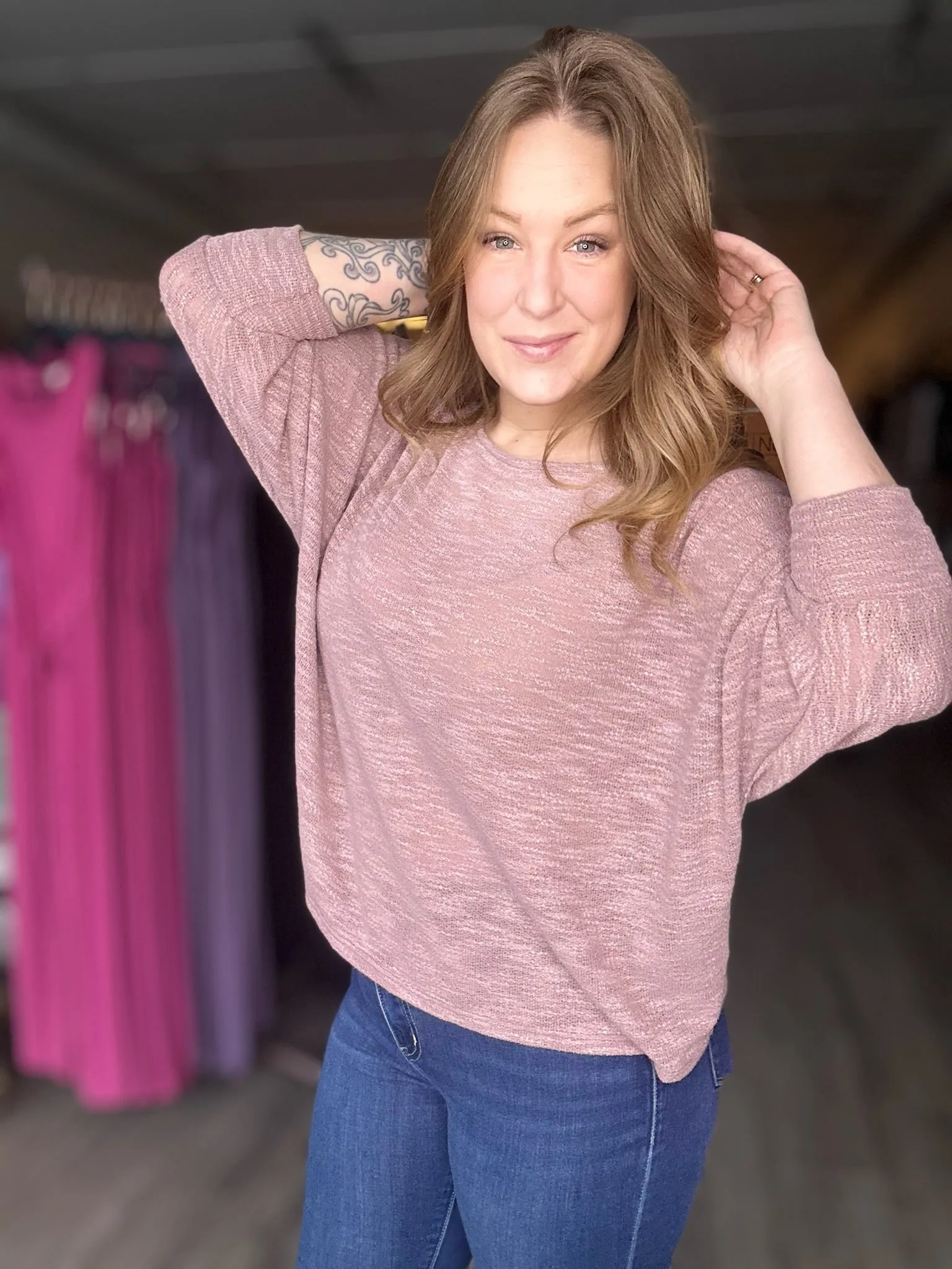 Mauve Boat Neck Long Sleeve Top