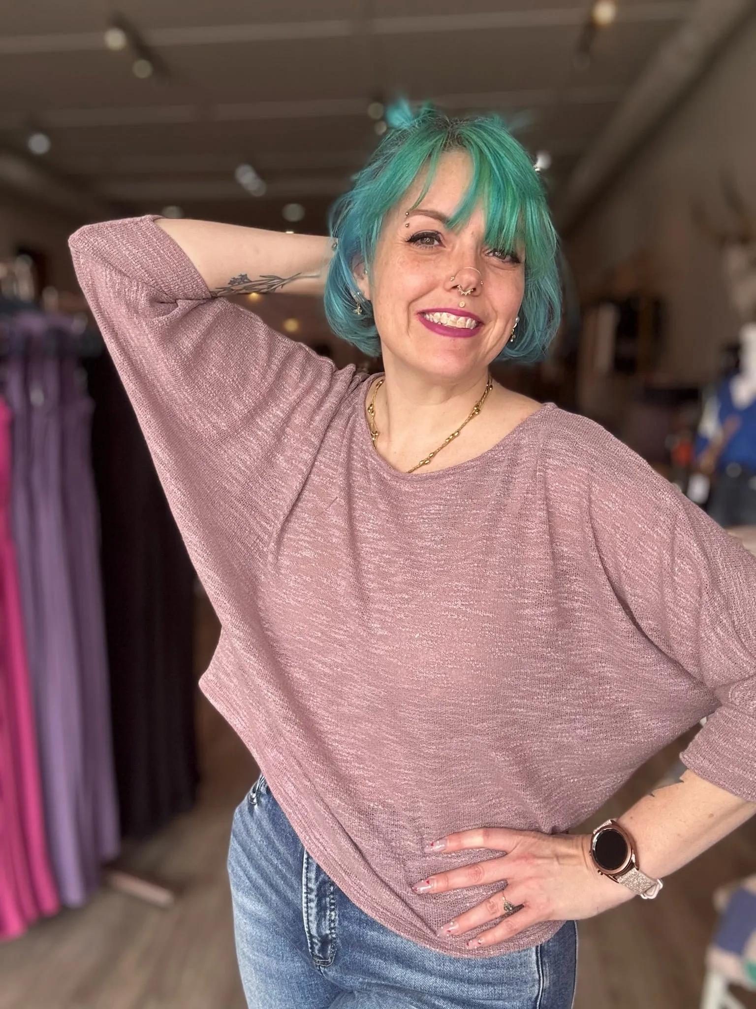 Mauve Boat Neck Long Sleeve Top