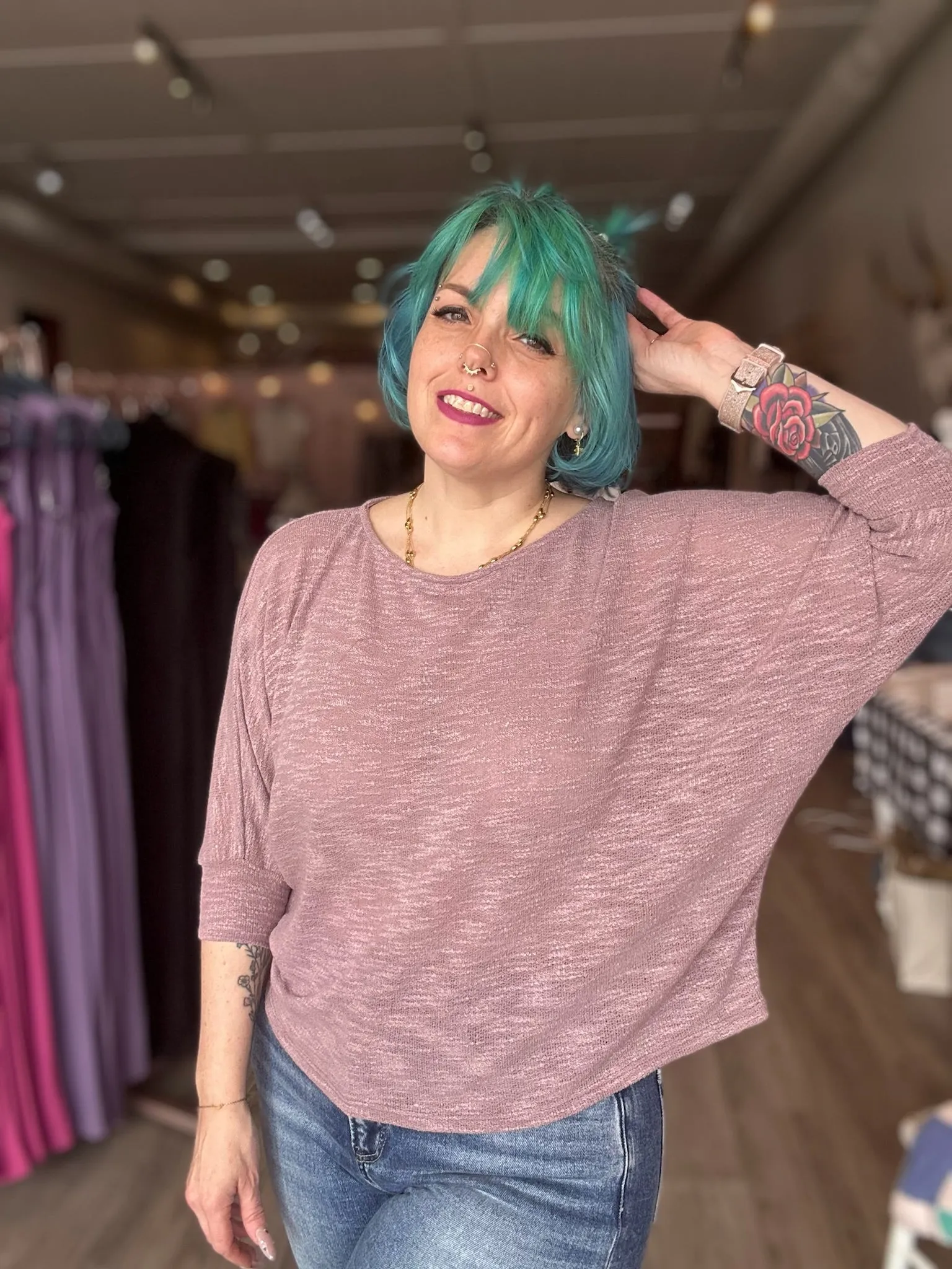 Mauve Boat Neck Long Sleeve Top