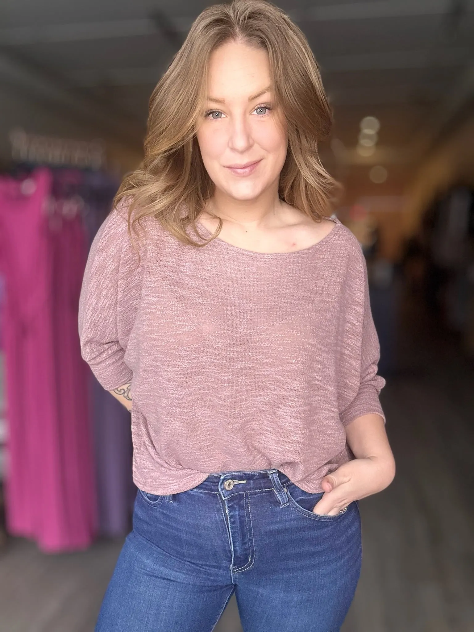 Mauve Boat Neck Long Sleeve Top