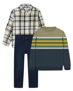 Mayoral 4115 Long Sleeve Check Shirt, 4351 Navy Stripe Jumper and 4540 Denim Jeans In Stock Now