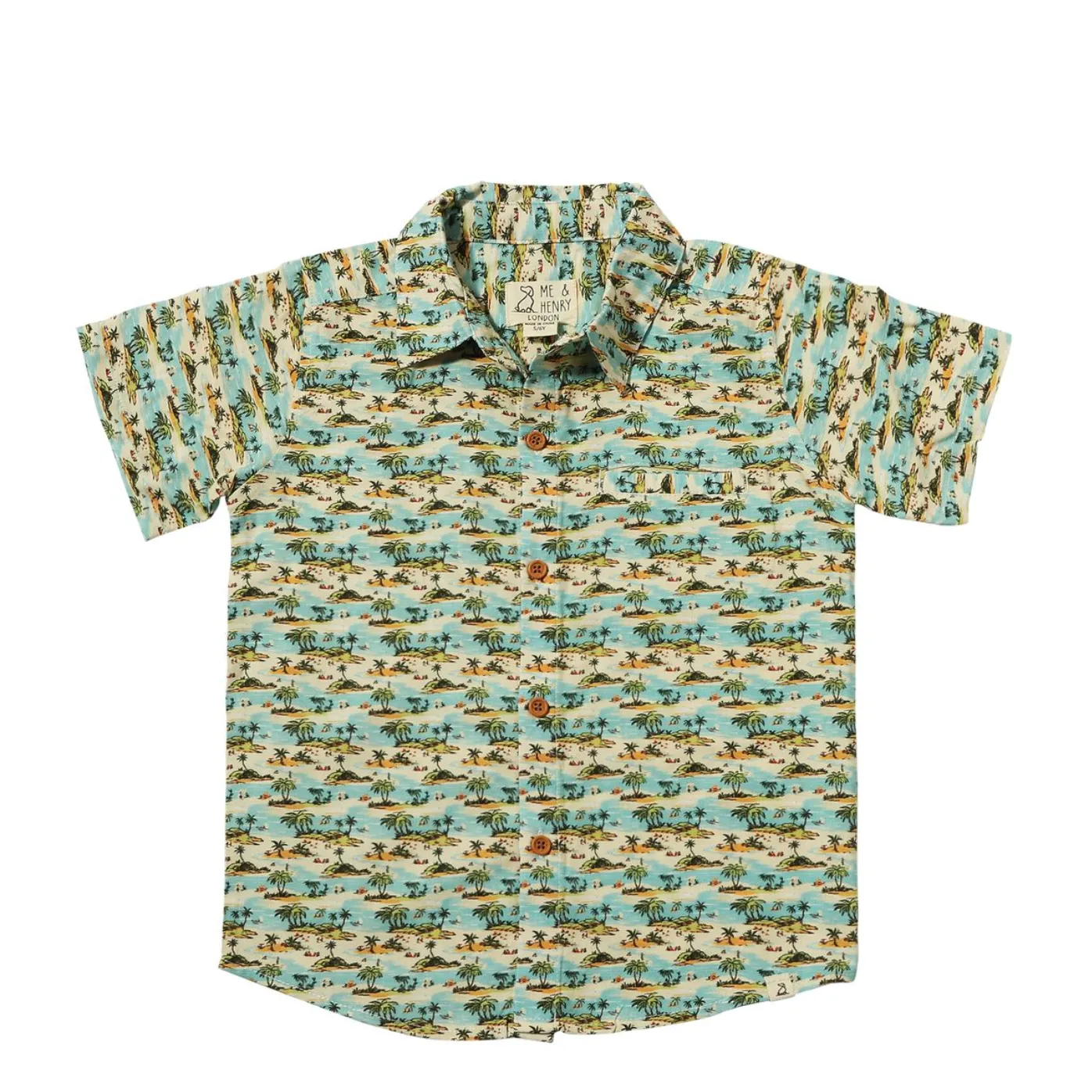 Me & Henry Maui Printed Collared Button Up Shirt- Blue Islands