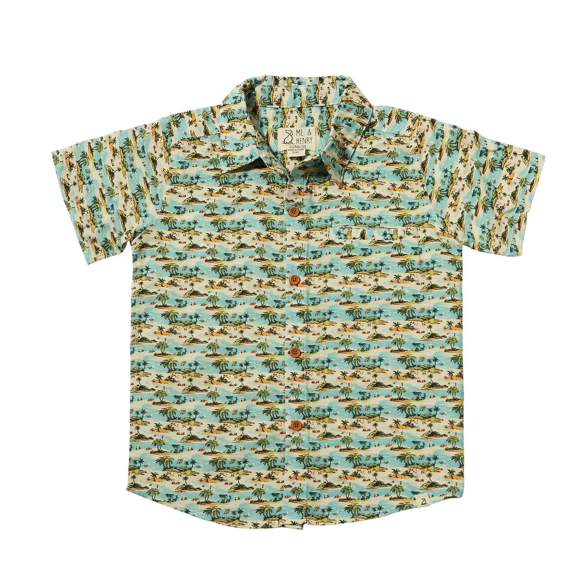 Me & Henry Maui Printed Collared Button Up Shirt- Blue Islands