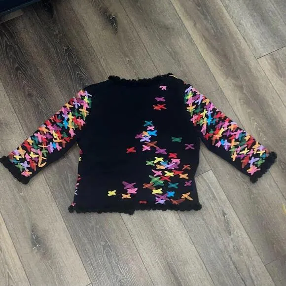 Michael Simon Women's Tulle Ribbon 3/4 Sleeve Cardigan Sweater Multicolor Size S