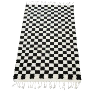 Moroccan Berber Handwoven Checker Wool Area Rug with Tassels - Black and White
