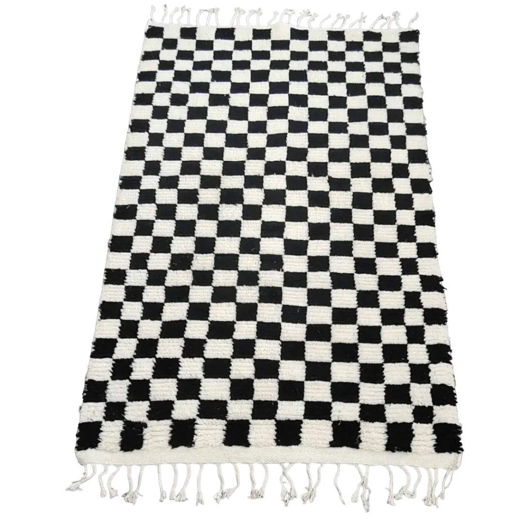 Moroccan Berber Handwoven Checker Wool Area Rug with Tassels - Black and White