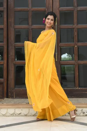 MULMUL SUNEHRI GOTA PATTI-BUTTON WORK CHIFFON SAREE