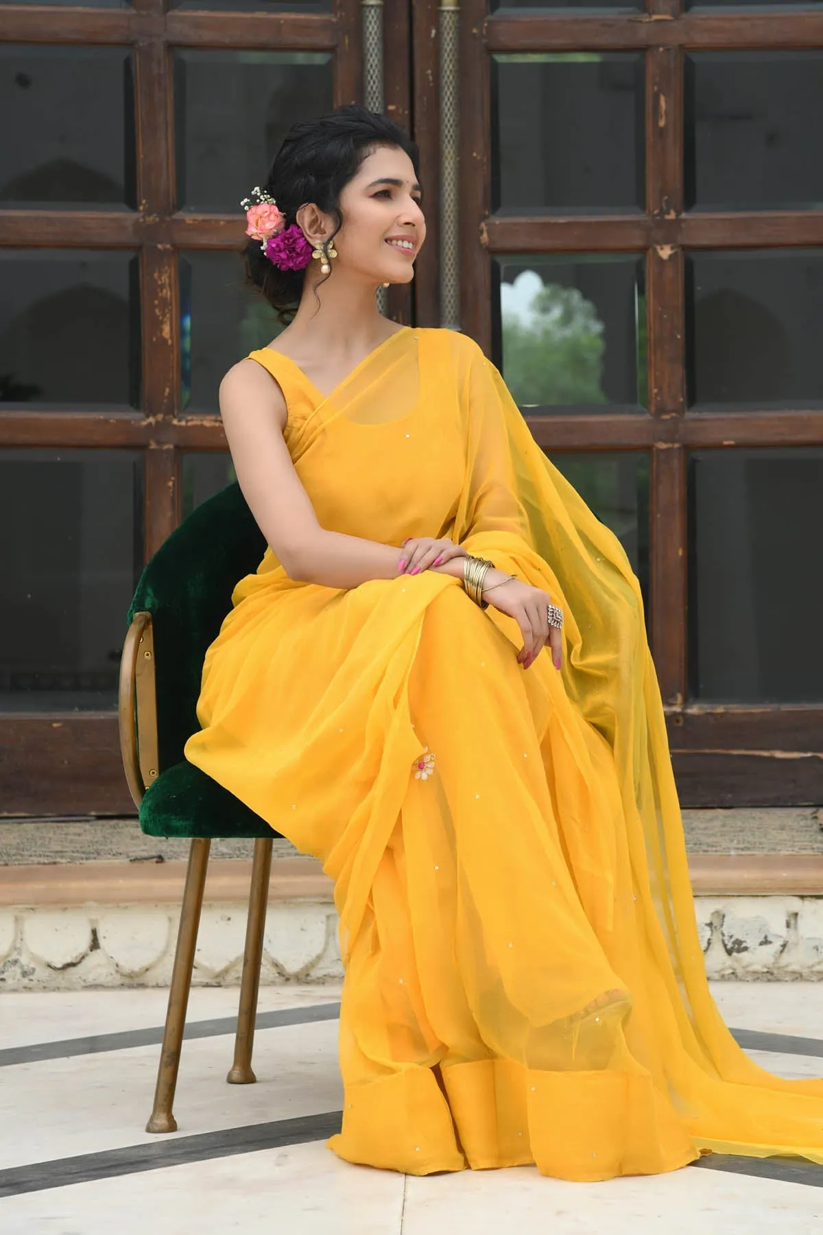 MULMUL SUNEHRI GOTA PATTI-BUTTON WORK CHIFFON SAREE