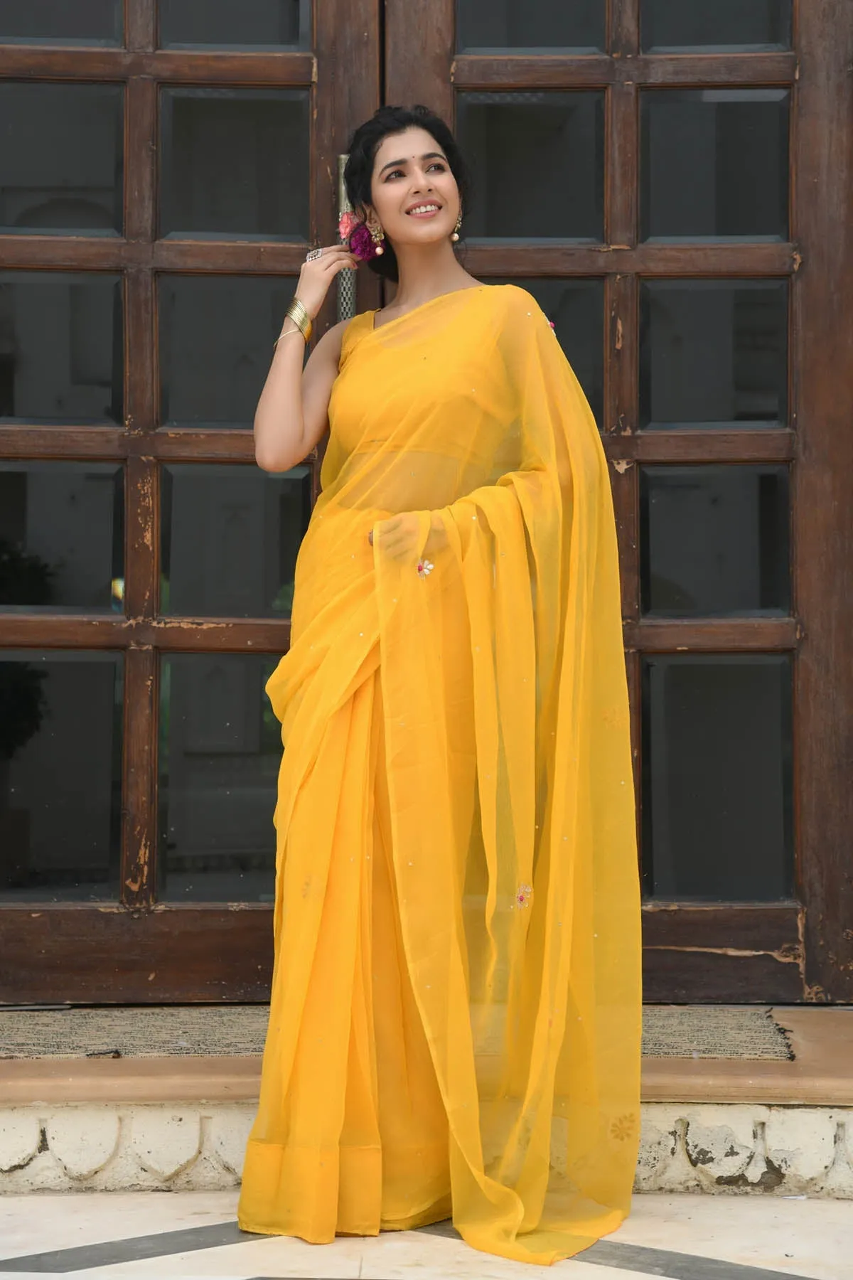 MULMUL SUNEHRI GOTA PATTI-BUTTON WORK CHIFFON SAREE