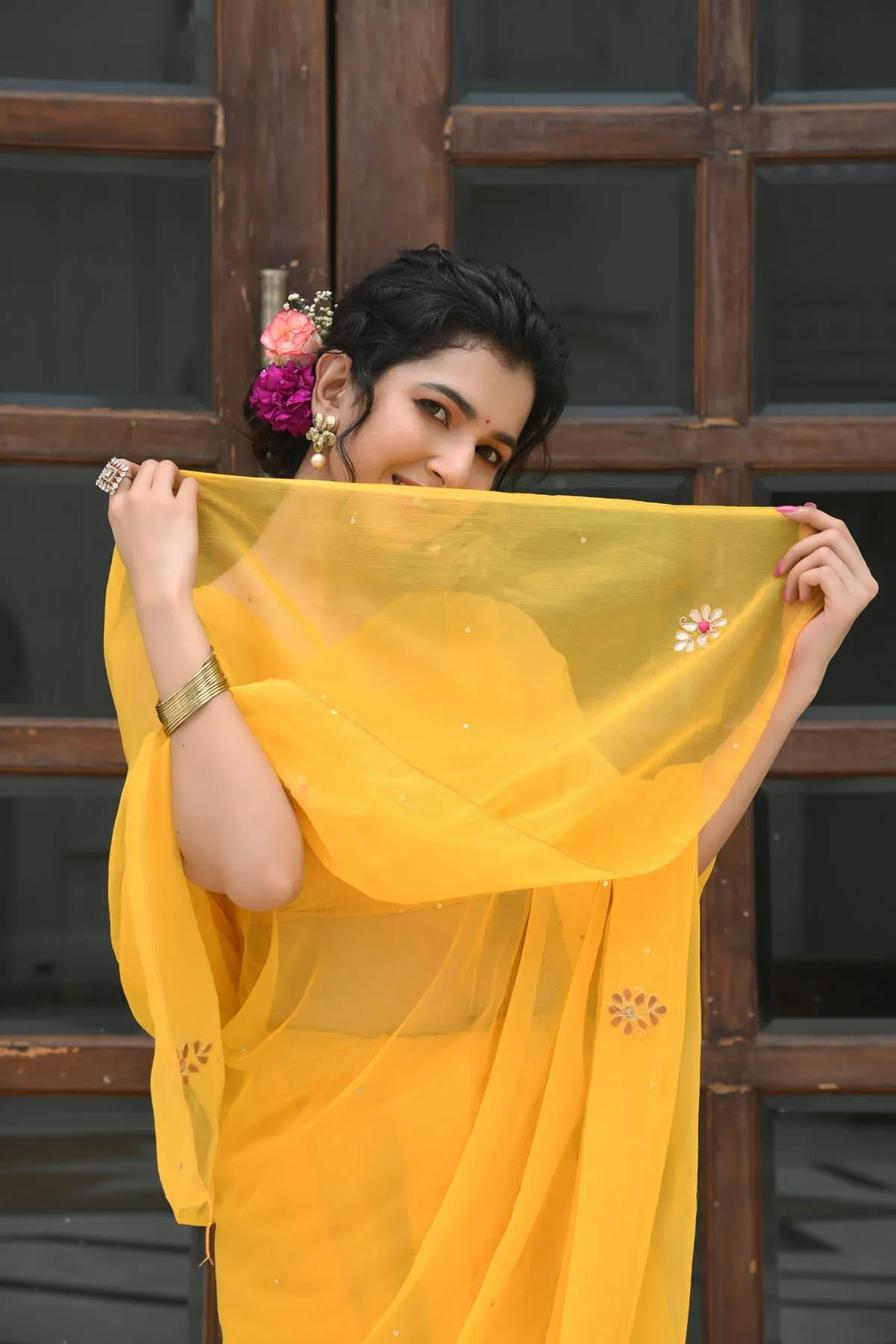MULMUL SUNEHRI GOTA PATTI-BUTTON WORK CHIFFON SAREE