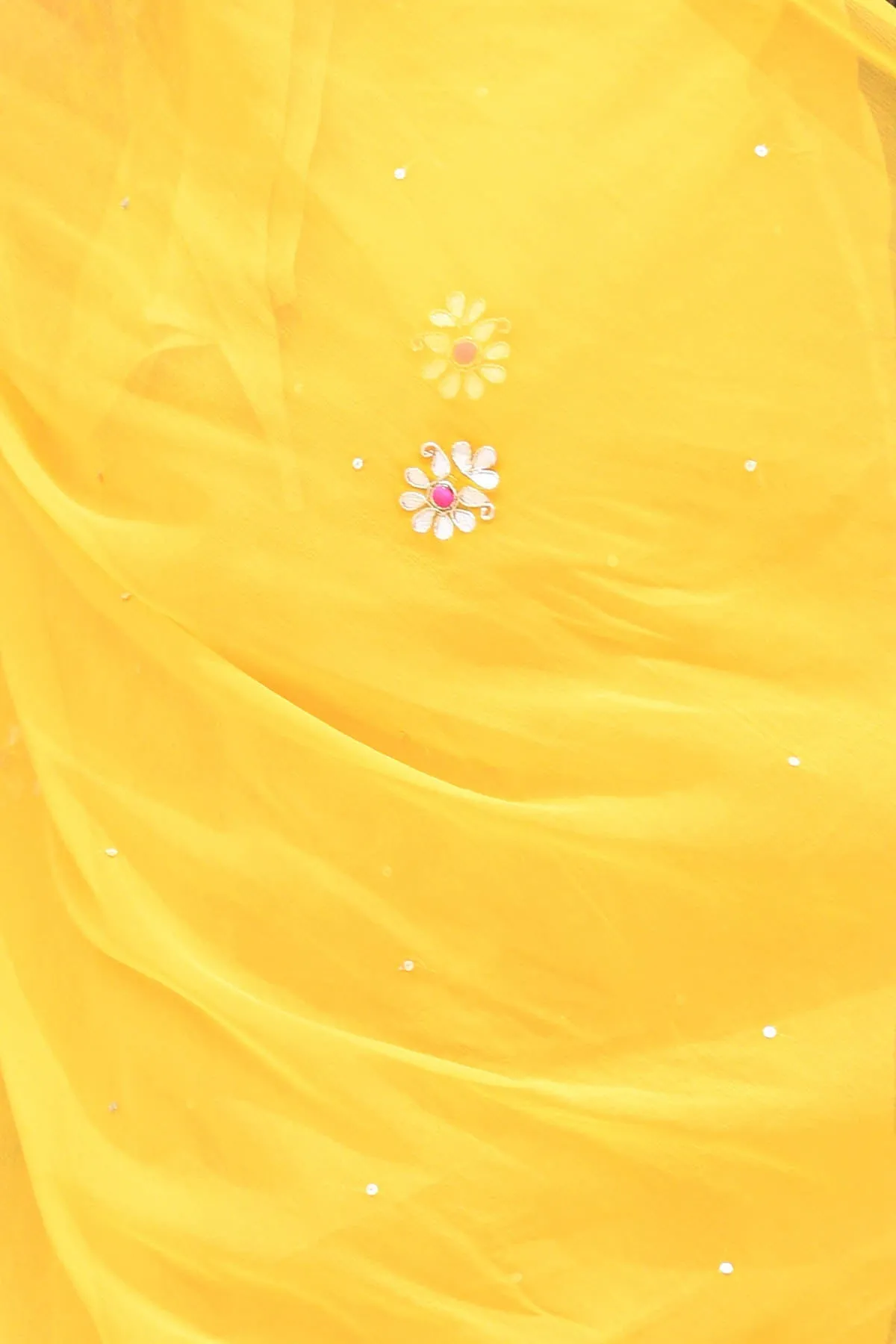 MULMUL SUNEHRI GOTA PATTI-BUTTON WORK CHIFFON SAREE