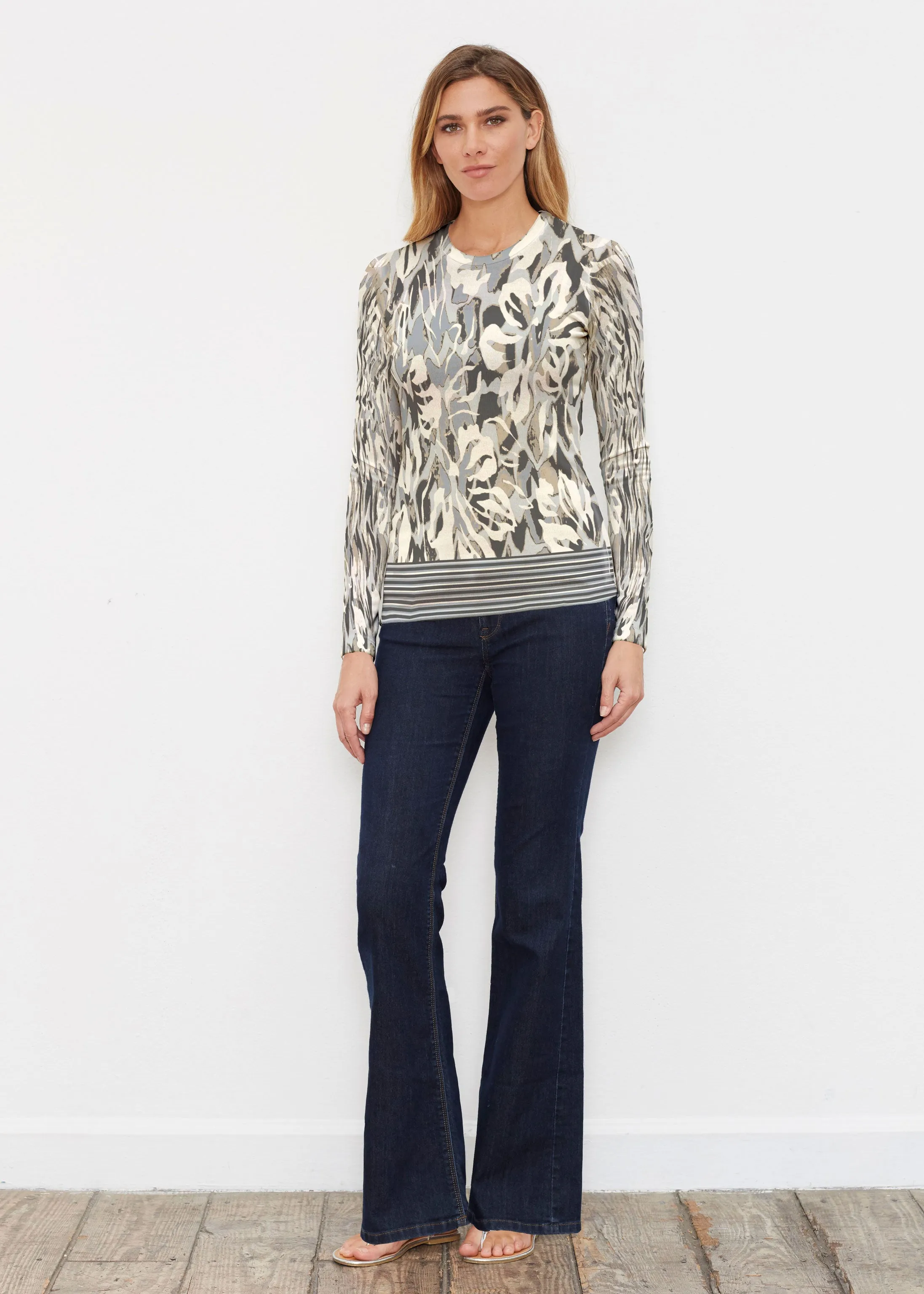 Mystic Floral Stripe Grey (19170) ~ Butterknit Long Sleeve Crew Top