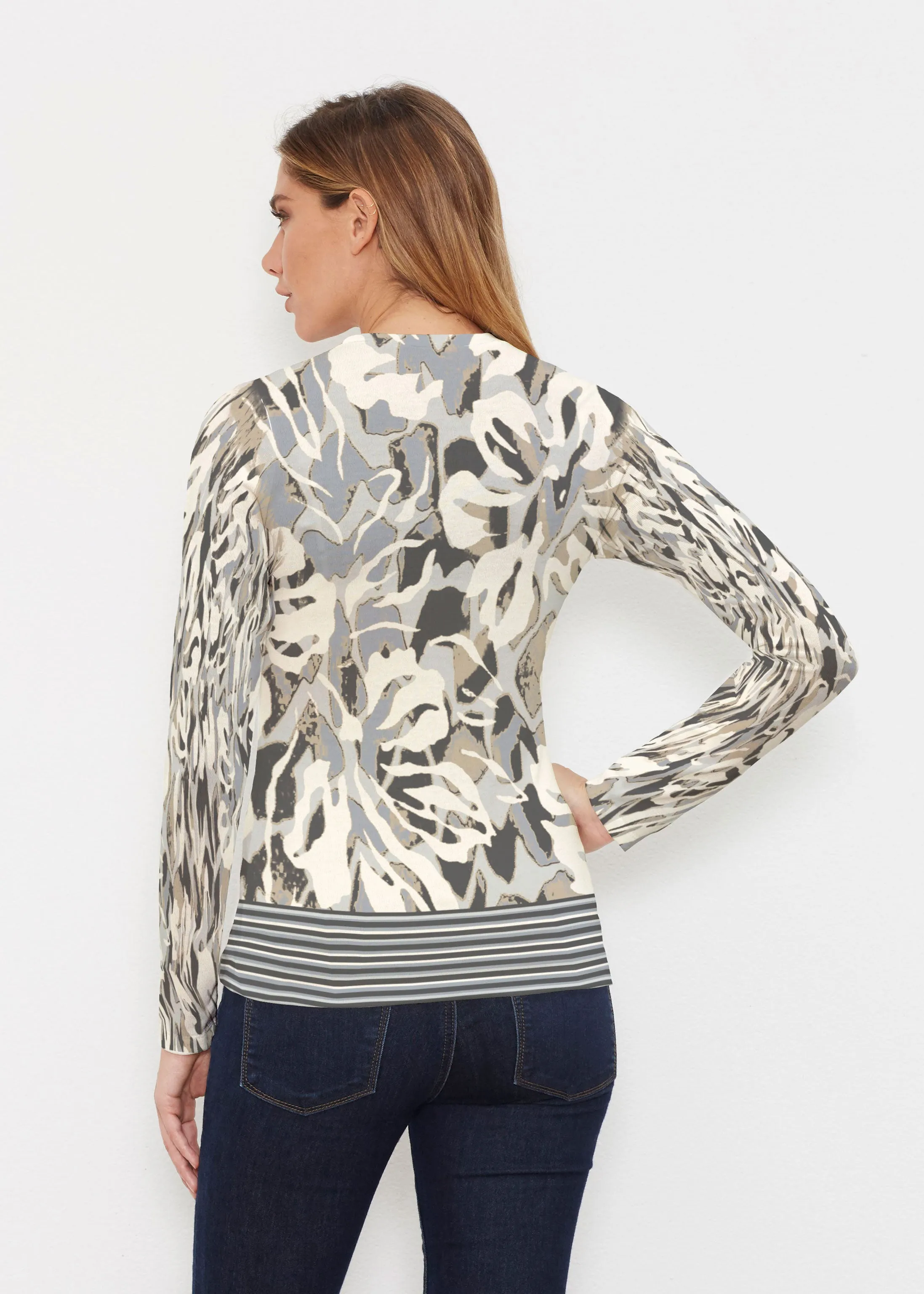 Mystic Floral Stripe Grey (19170) ~ Butterknit Long Sleeve V-Neck Top