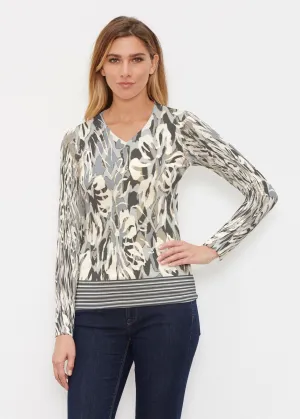 Mystic Floral Stripe Grey (19170) ~ Butterknit Long Sleeve V-Neck Top