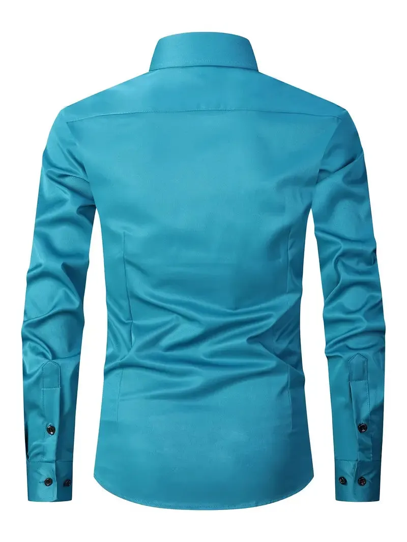 NEW Men's Formal Solid Long Sleeve Slim Fit Button Up Shirt For Business Occasions, Spring Fall Men's Blouse, Peacock Blue, Sz XL