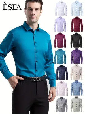 NEW Men's Formal Solid Long Sleeve Slim Fit Button Up Shirt For Business Occasions, Spring Fall Men's Blouse, Peacock Blue, Sz XL