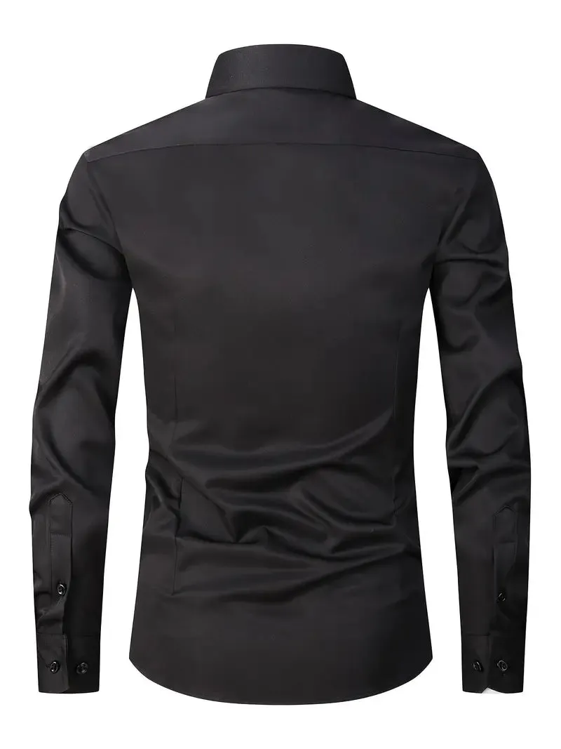 NEW Men's Formal Solid Long Sleeve Slim Fit Button Up Shirt For Business Occasions, Spring Fall Men's Shirt, Black, Sz M, Retails $95