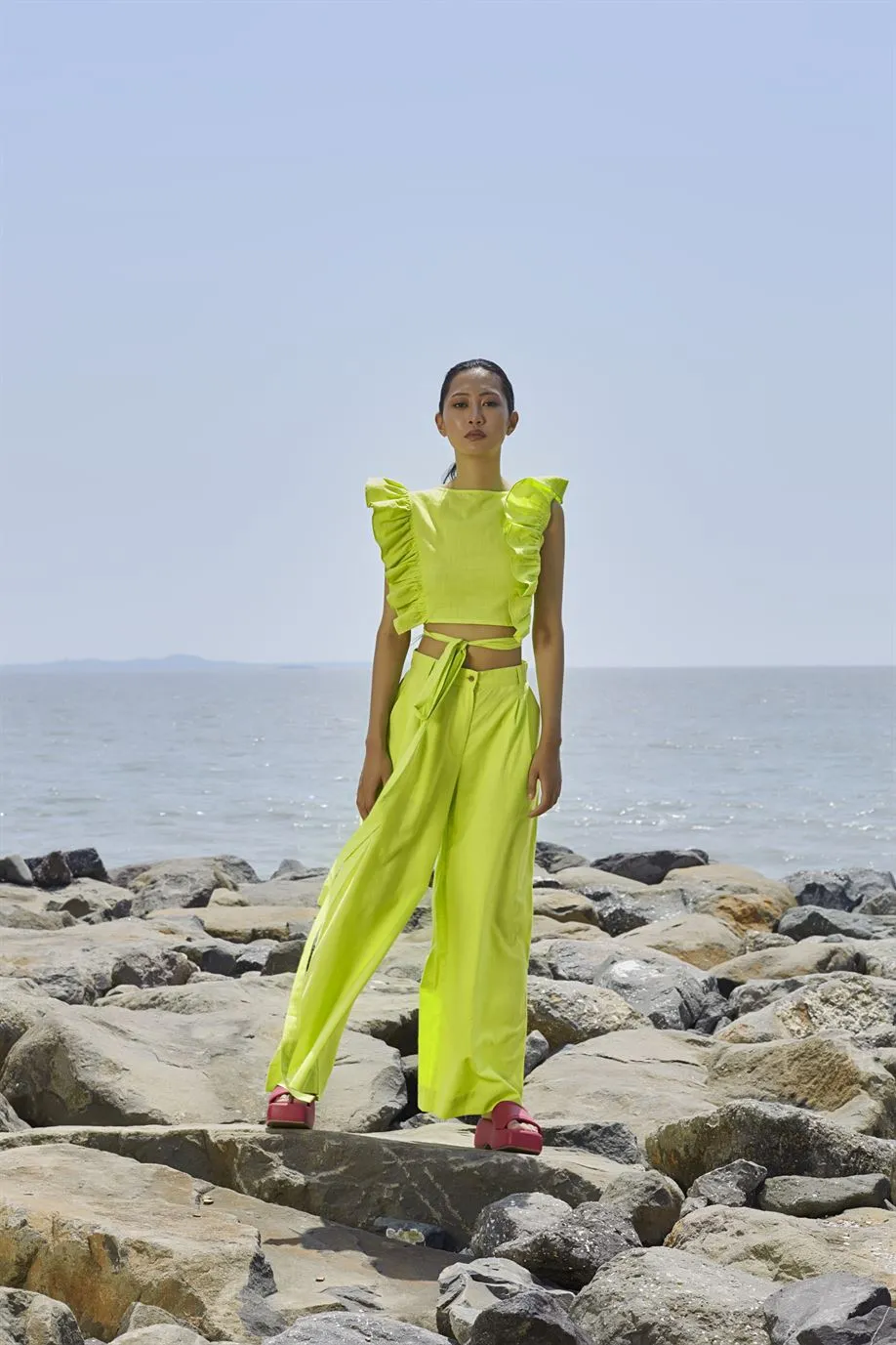 New Season Summer/Fall 24-Pants Green HighWaisted Cotton Neon-MT H-Waist Trouser-Neon Green-Fashion Edit Mati