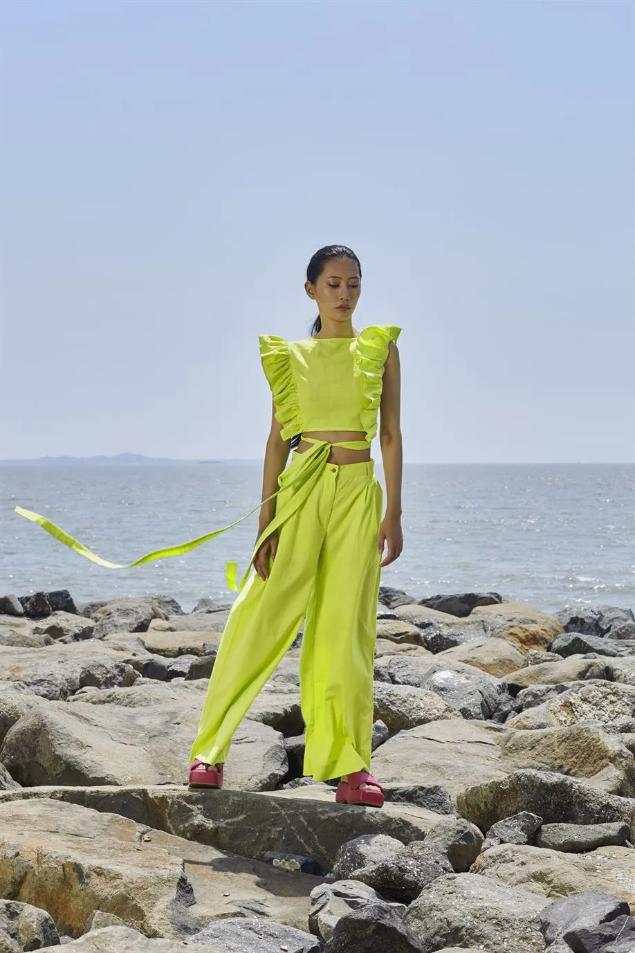 New Season Summer/Fall 24-Pants Green HighWaisted Cotton Neon-MT H-Waist Trouser-Neon Green-Fashion Edit Mati