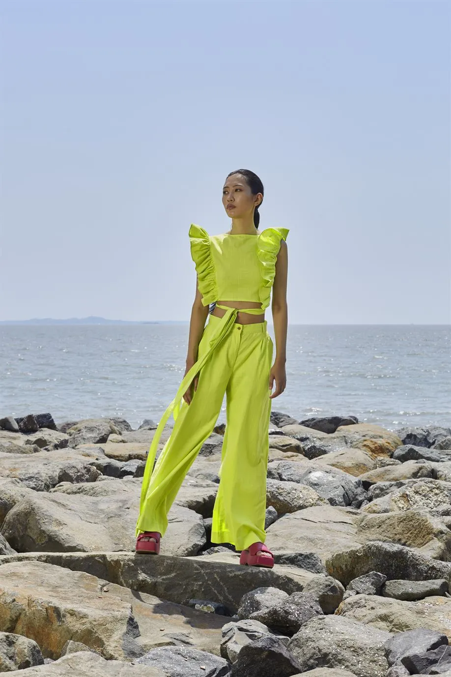 New Season Summer/Fall 24-Pants Green HighWaisted Cotton Neon-MT H-Waist Trouser-Neon Green-Fashion Edit Mati