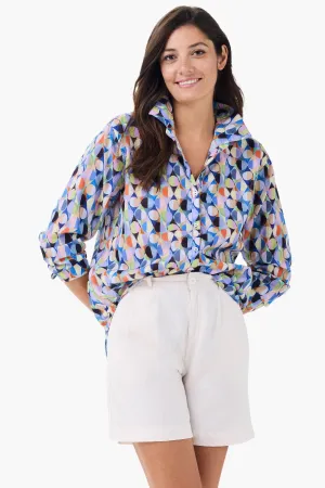 NIC ZOE Blue/Multi Social Circles Button Front Boyfriend Shirt M241660