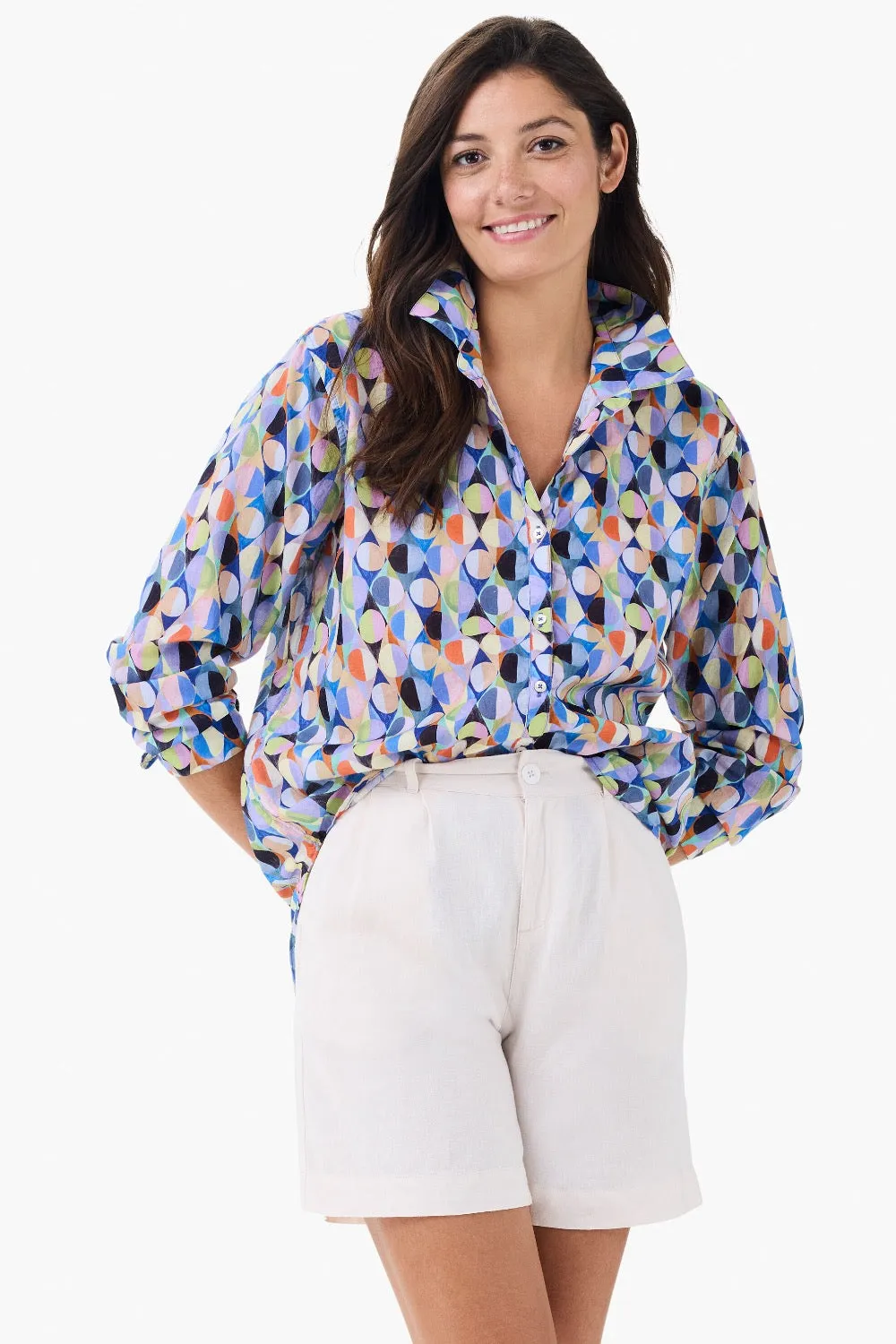 NIC ZOE Blue/Multi Social Circles Button Front Boyfriend Shirt M241660