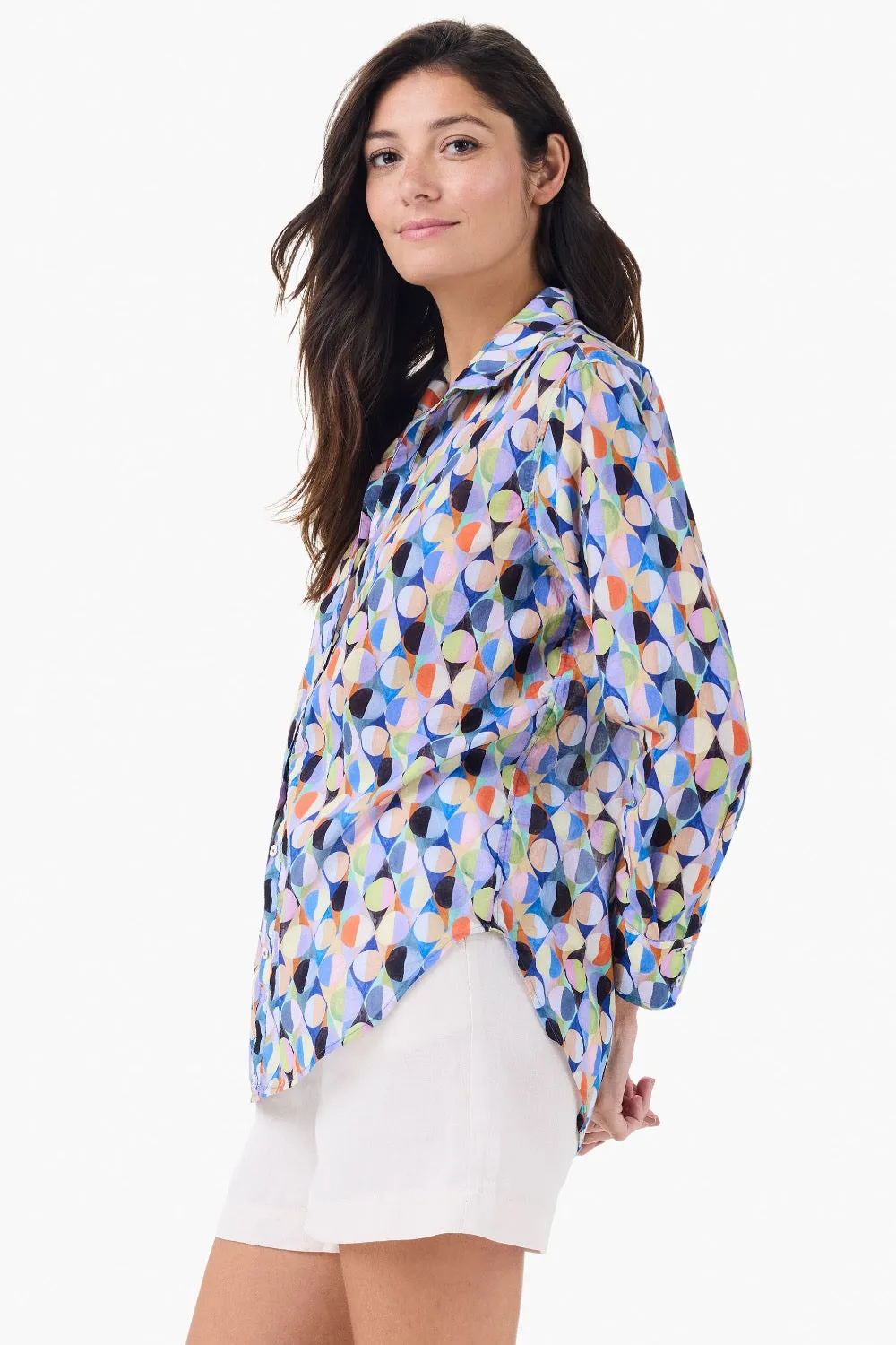 NIC ZOE Blue/Multi Social Circles Button Front Boyfriend Shirt M241660