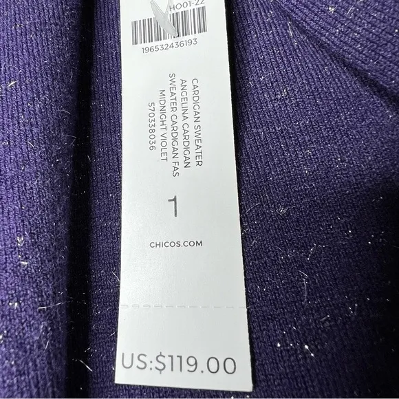 NWT CHICO'S Angelina Cardigan Cashmere Blend Purple Silver Sparkles Size 1--8/10
