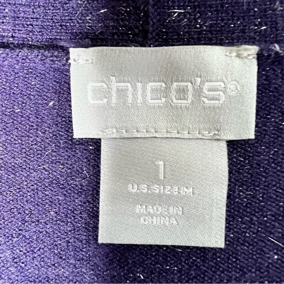 NWT CHICO'S Angelina Cardigan Cashmere Blend Purple Silver Sparkles Size 1--8/10