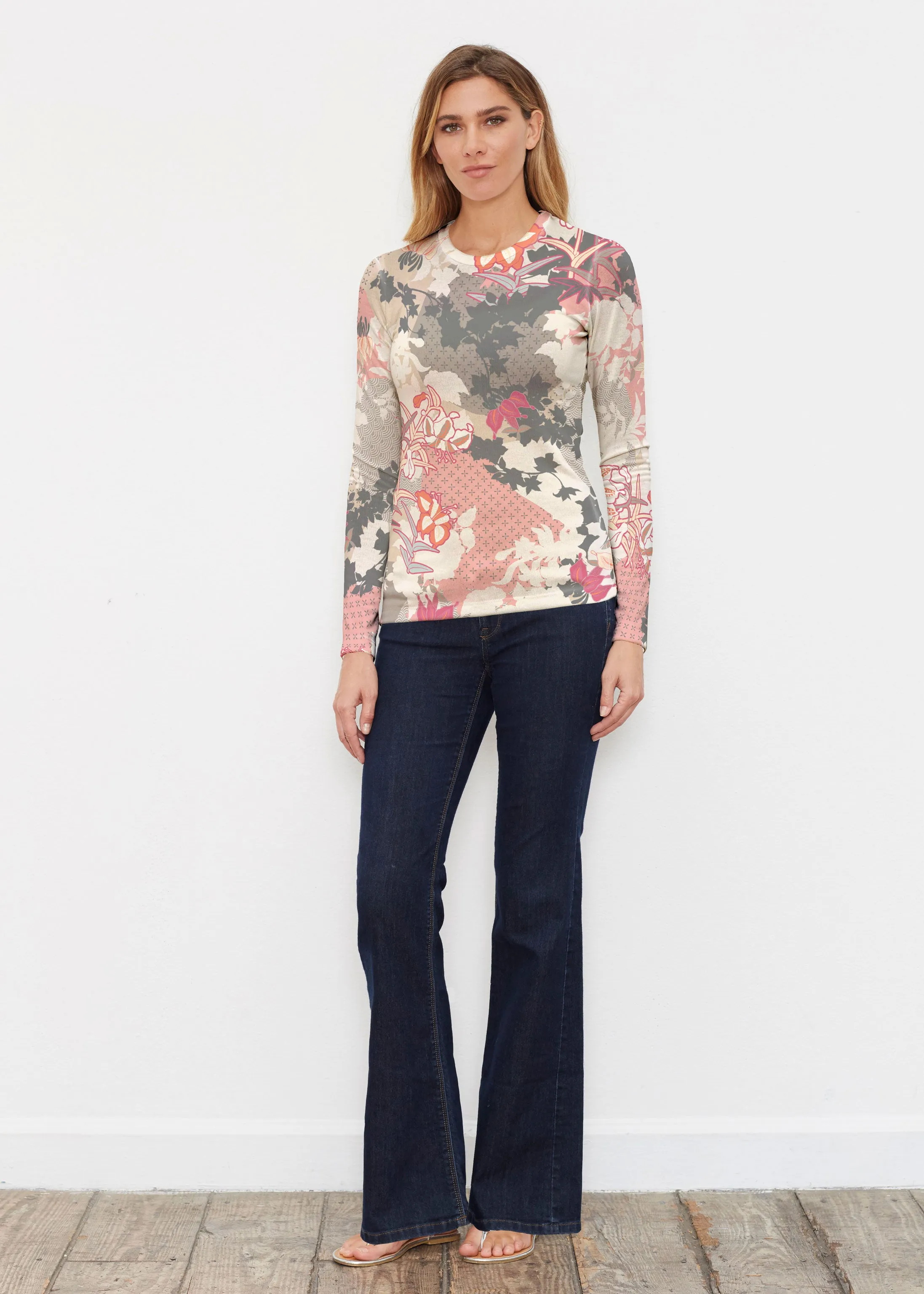 Oriental Floral Grey (7876) ~ Butterknit Long Sleeve Crew Top