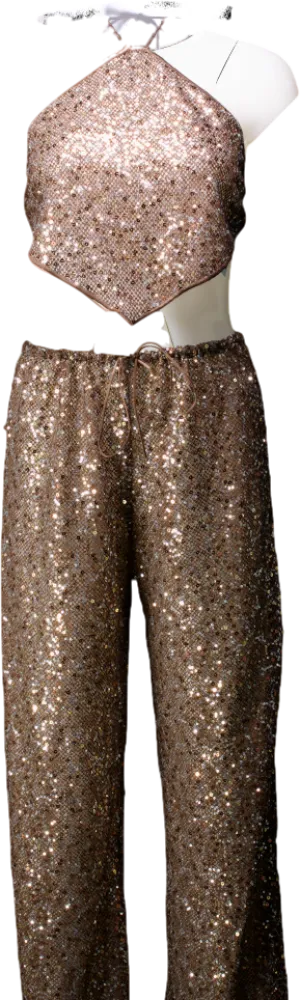 Oséree Metallic Sequin Flared Trousers And Crop Top UK S