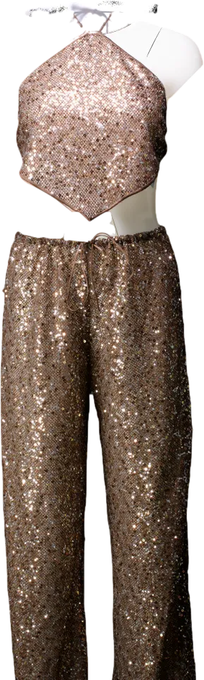 Oséree Metallic Sequin Flared Trousers And Crop Top UK S