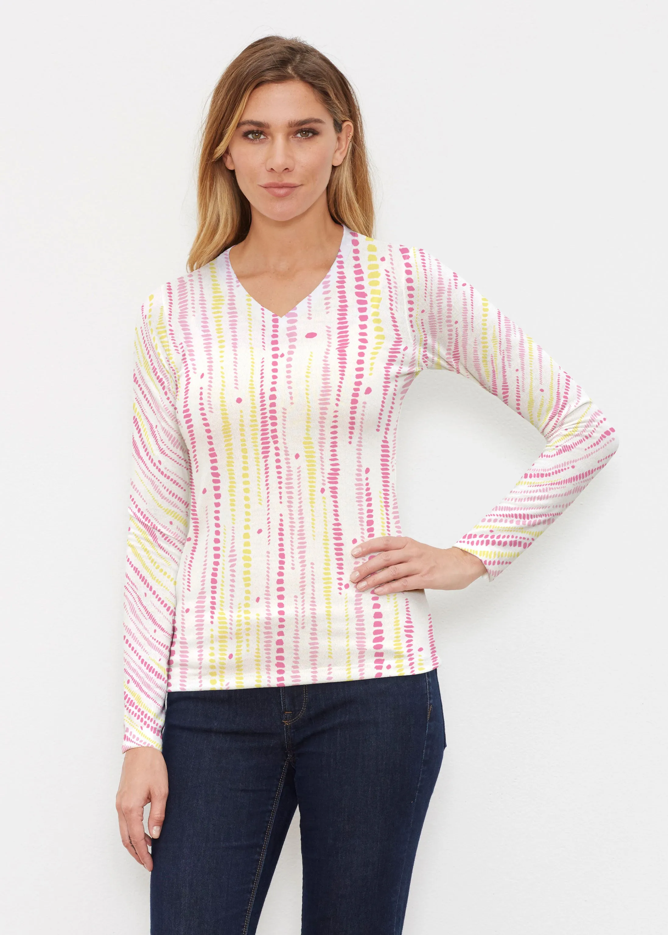Pebble Dots Pink (7938) ~ Butterknit Long Sleeve V-Neck Top