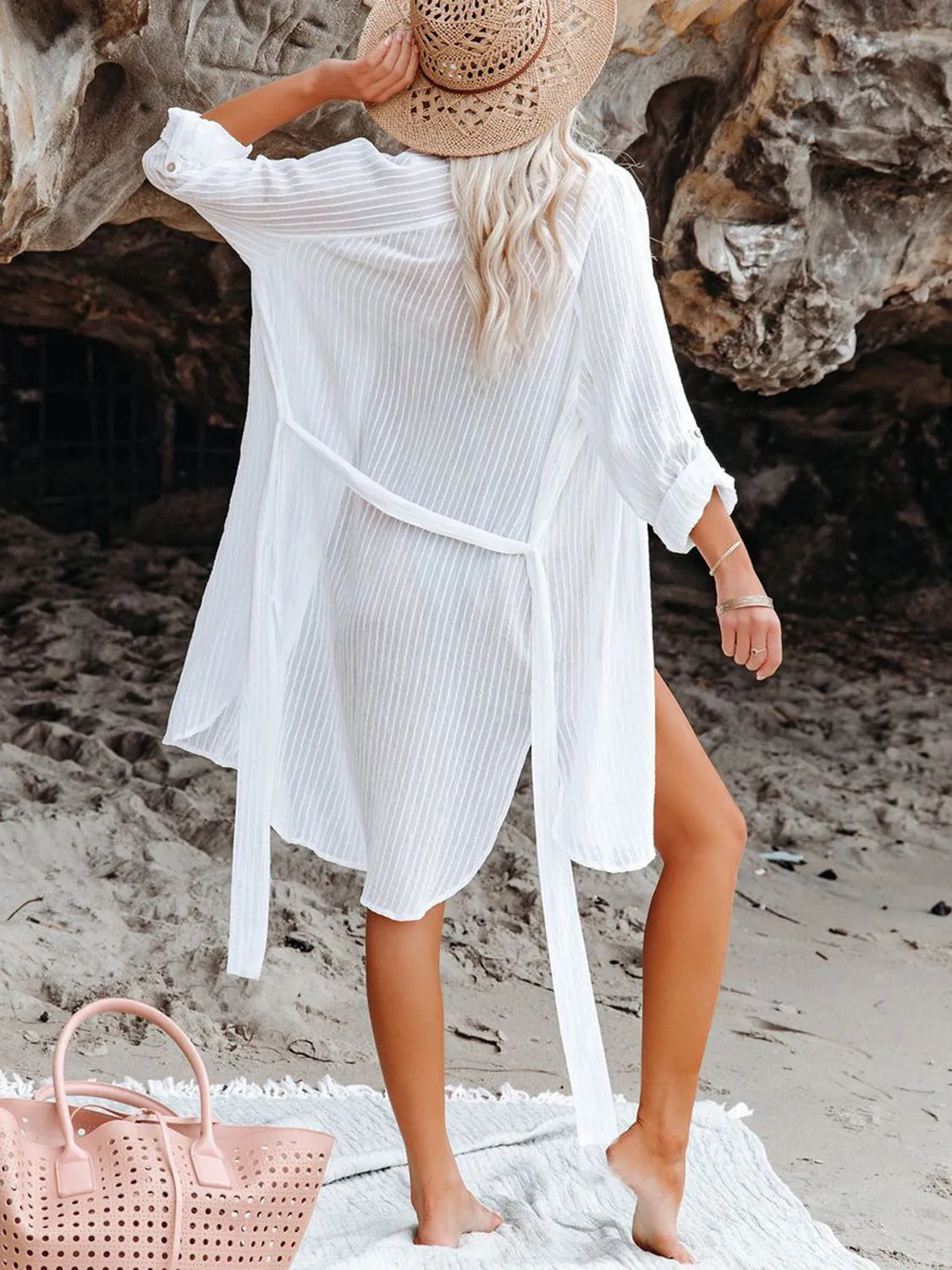 Phillipa Button Up Roll-Tab Sleeve Cover-Up