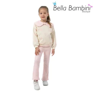 Pink Bow Print Top With Flared Legging Set 4Y-7Y
