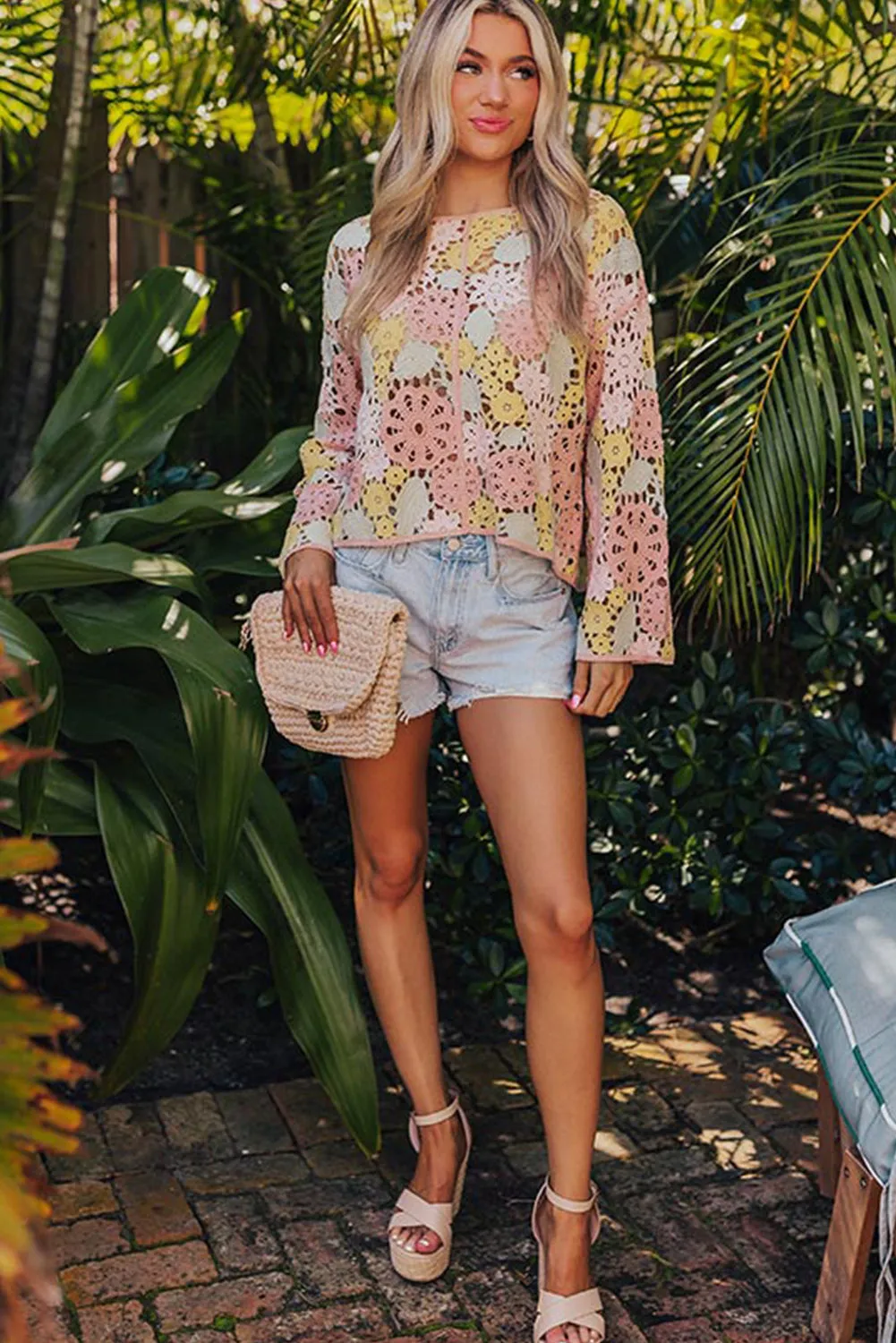 Pink Floral Eyelet Crochet Long Sleeve Top