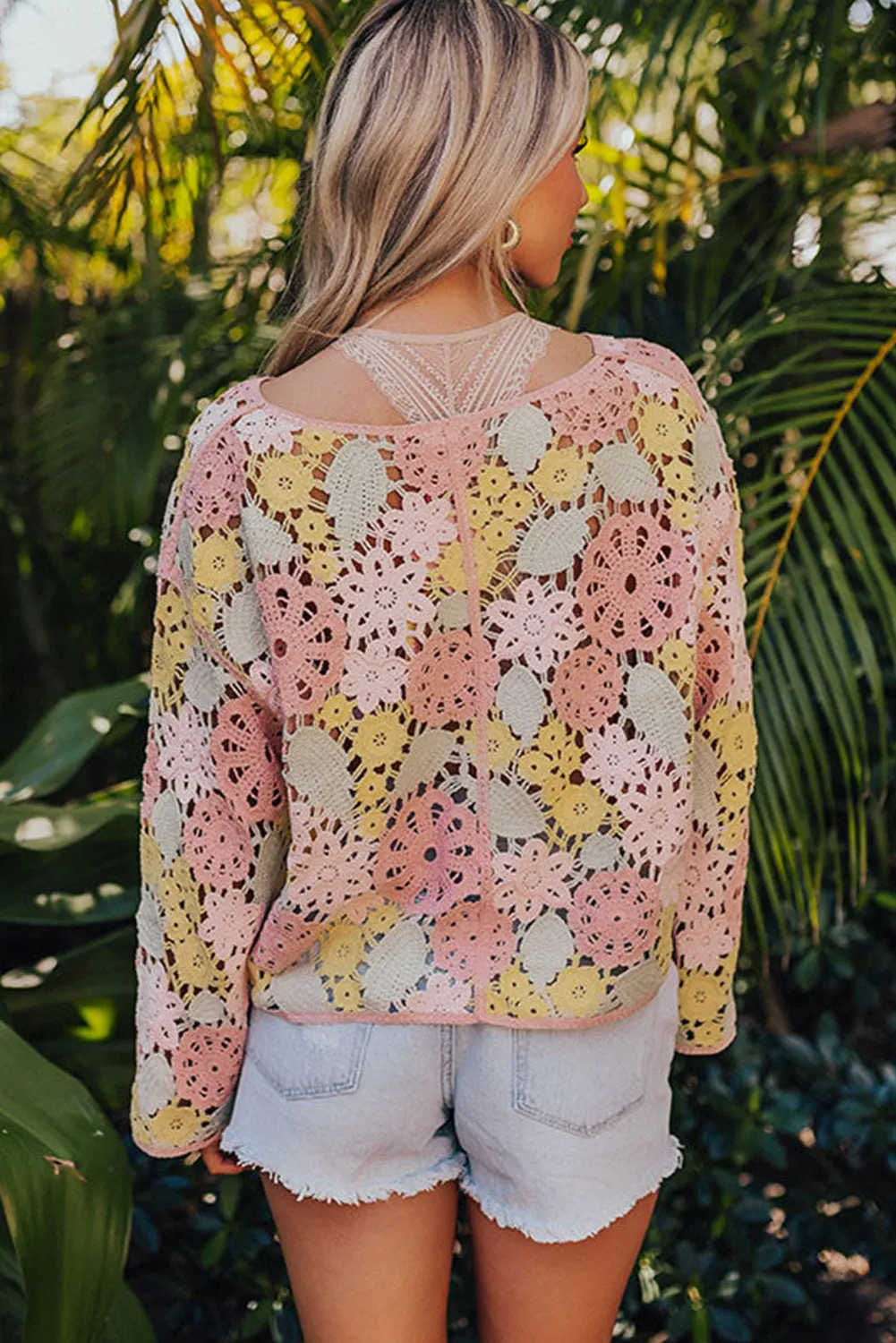 Pink Floral Eyelet Crochet Long Sleeve Top
