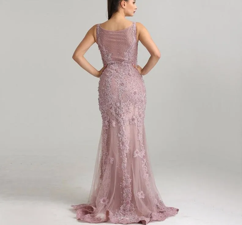 Pink Sexy Elegant Evening Dress Lace Pearls Diamond Mermaid Formal Party Gown
