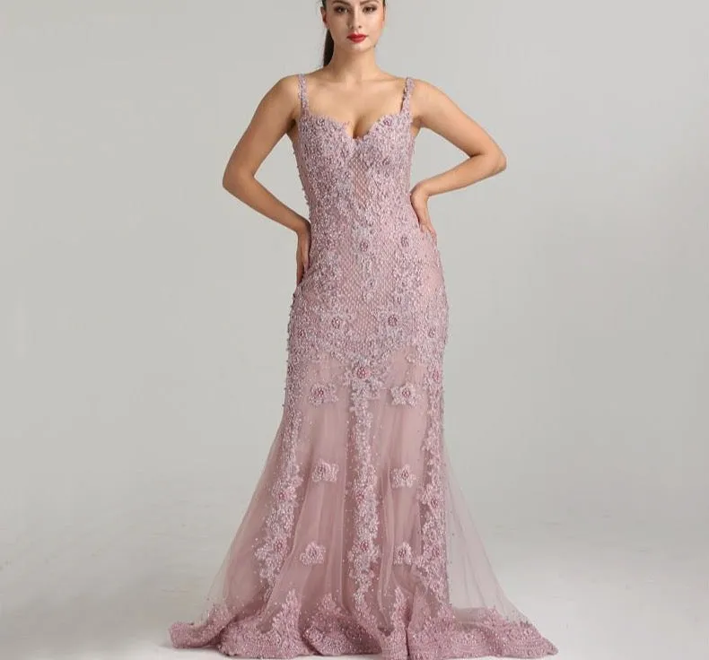 Pink Sexy Elegant Evening Dress Lace Pearls Diamond Mermaid Formal Party Gown