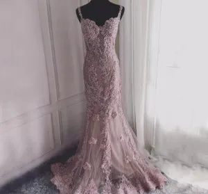 Pink Sexy Elegant Evening Dress Lace Pearls Diamond Mermaid Formal Party Gown